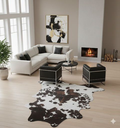 cowhide rug in living room