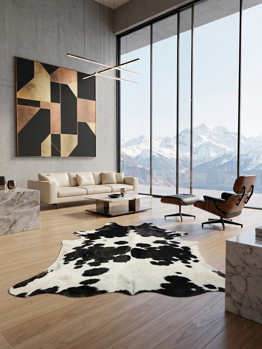 Premium black and white cowhide rug in a modern living room
