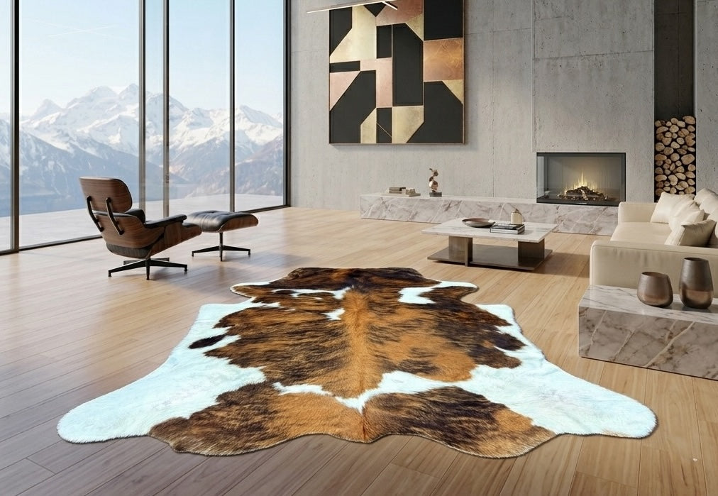 Extra large cowhide rug styled in a contemporary apartment