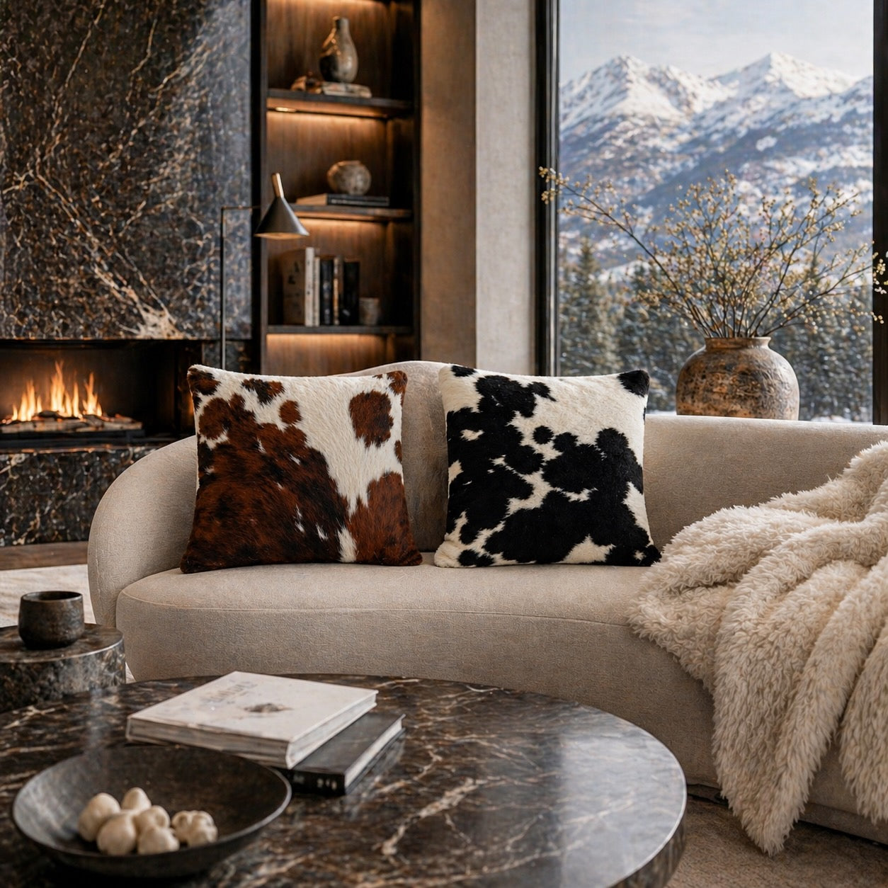 cowhide cushion in a living room