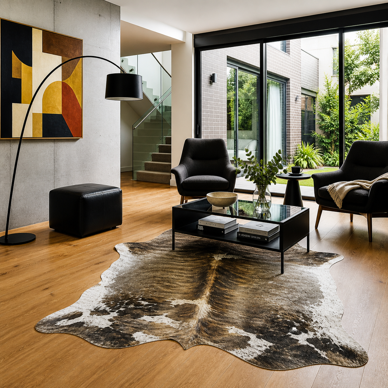 Brindle cowhide rug in a living room