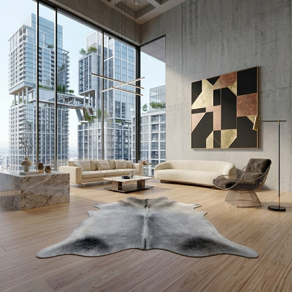 grey cowhide rug in a modern living room