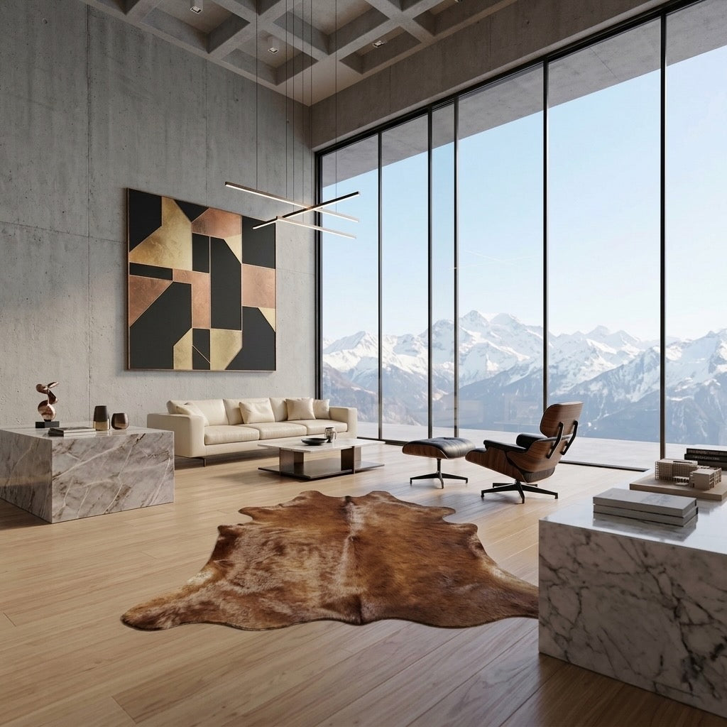 Brown cowhide rug styled in a contemporary flat
