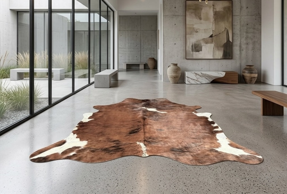 Premium cowhide rug in a contemporary home