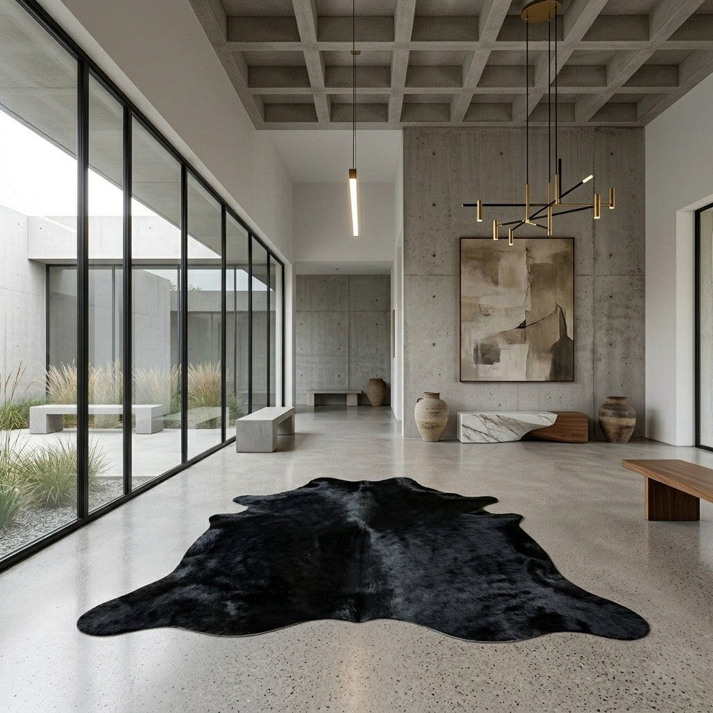 Black cowhide rug in a ground floor room