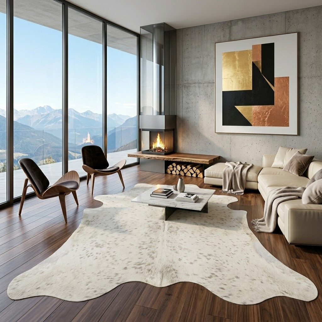 pale cowhide rug in a living room