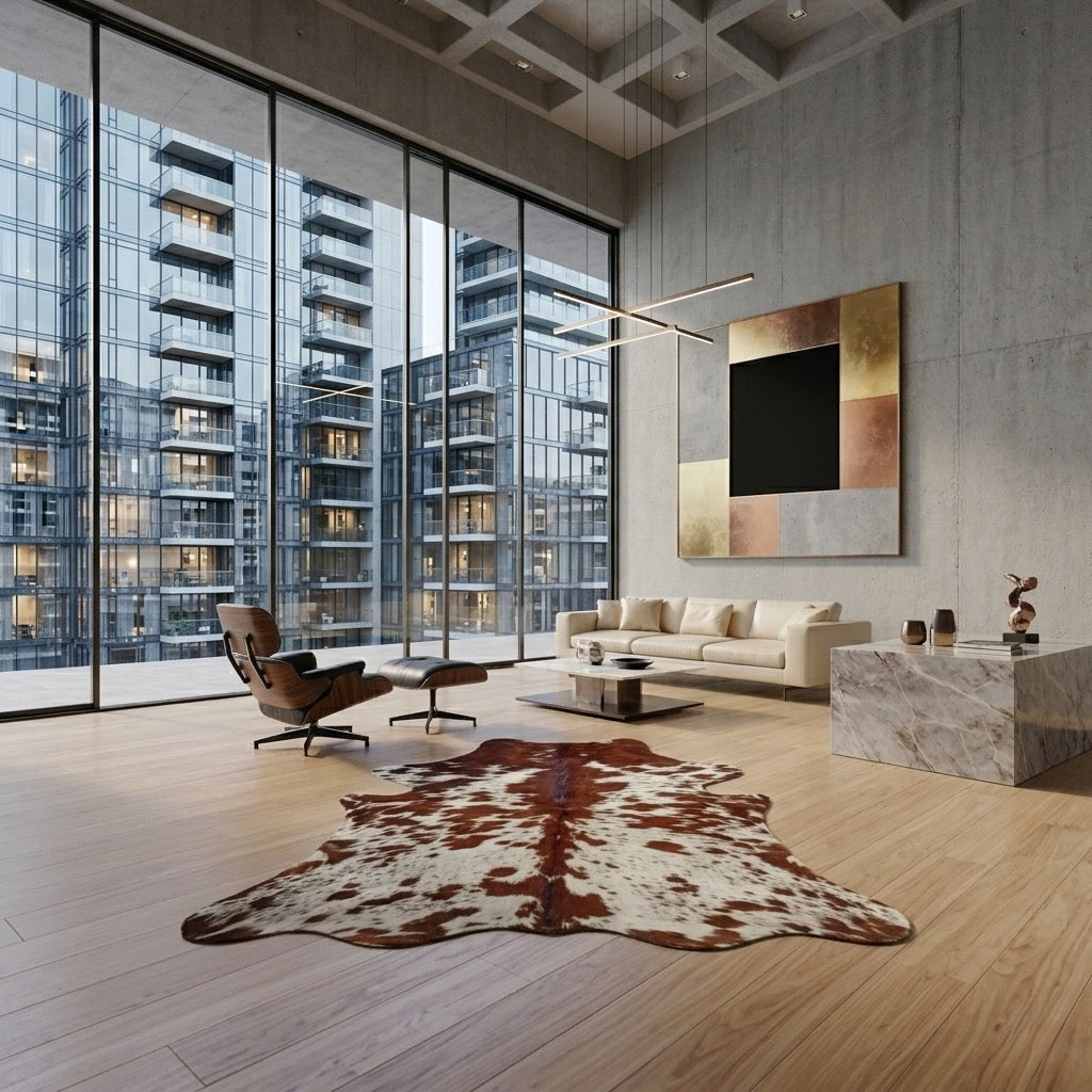 Luxury speckled  tricolour cowhide rug in a modern London living room