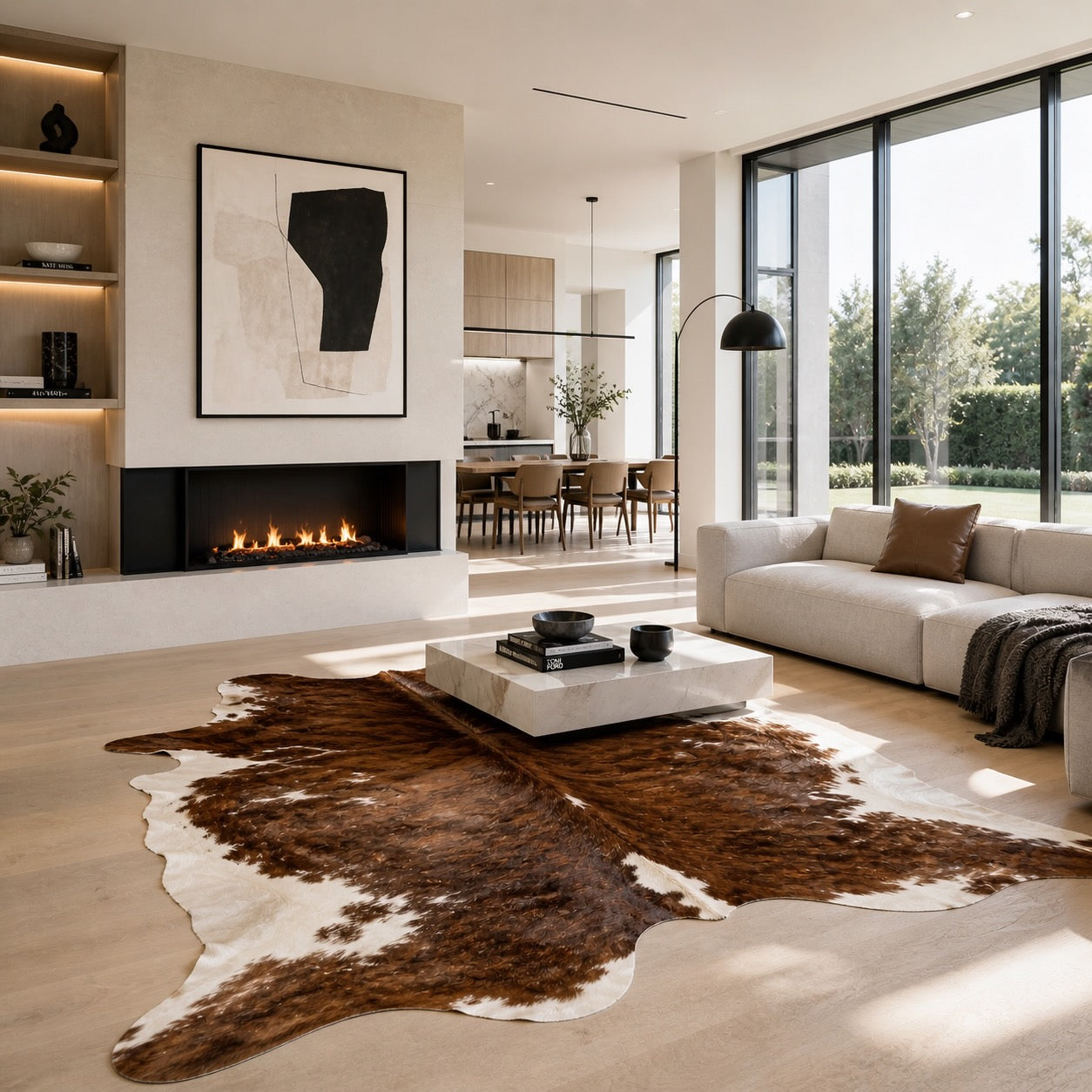 Luxury tricolour cowhide rug in a modern living room