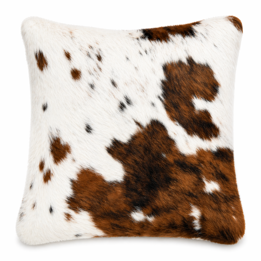 Cowhide cushion from Cowhide Rugs London, 39cm x 39cm, featuring natural cowhide with a two-sided design.