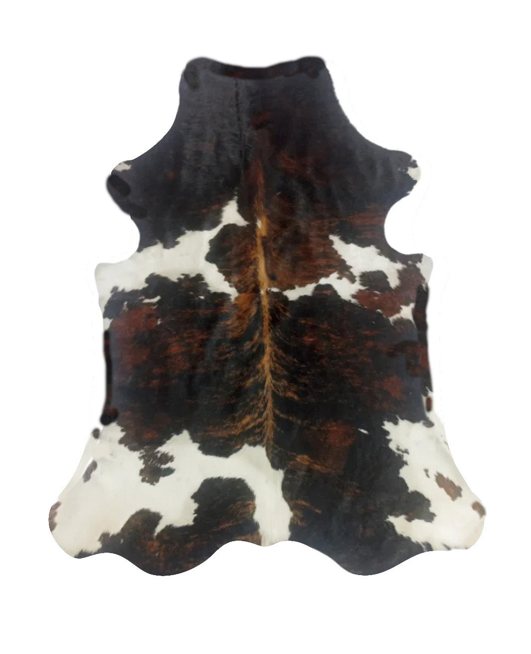 Cowhide rug with black, brown, and white pattern 