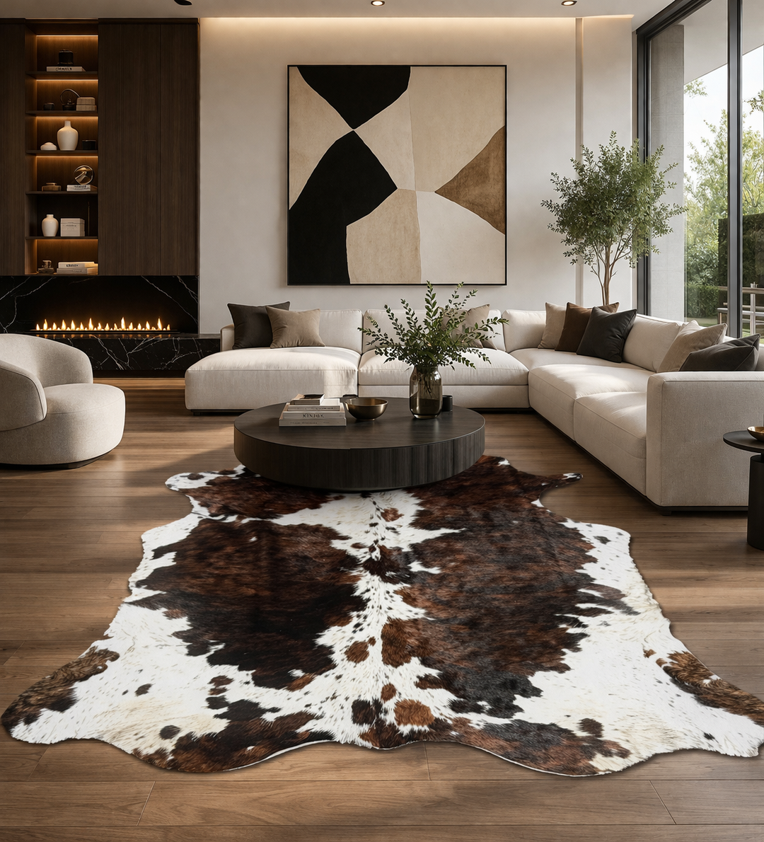 Large premium cowhide rug from Cowhide Rugs London, natural brown and white patterns, measuring 220cm by 209cm.