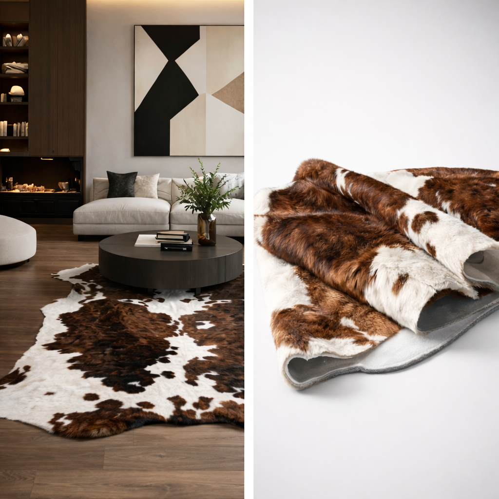 Large premium cowhide rug from Cowhide Rugs London, measuring 220cm x 209cm, featuring natural cowhide pattern and texture.