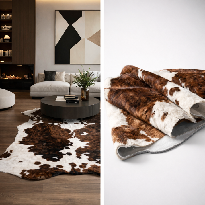 Large premium cowhide rug from Cowhide Rugs London, measuring 220cm x 209cm, featuring natural cowhide pattern and texture.