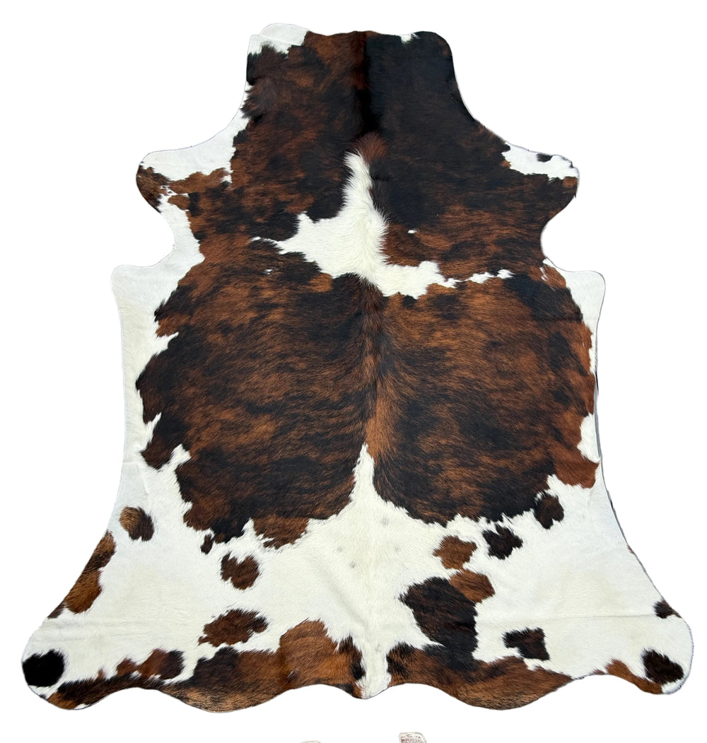 Extra large Brazilian tricolour cowhide rug by Cowhide Rugs London, natural black, white, and brown pattern, 232x202cm.
