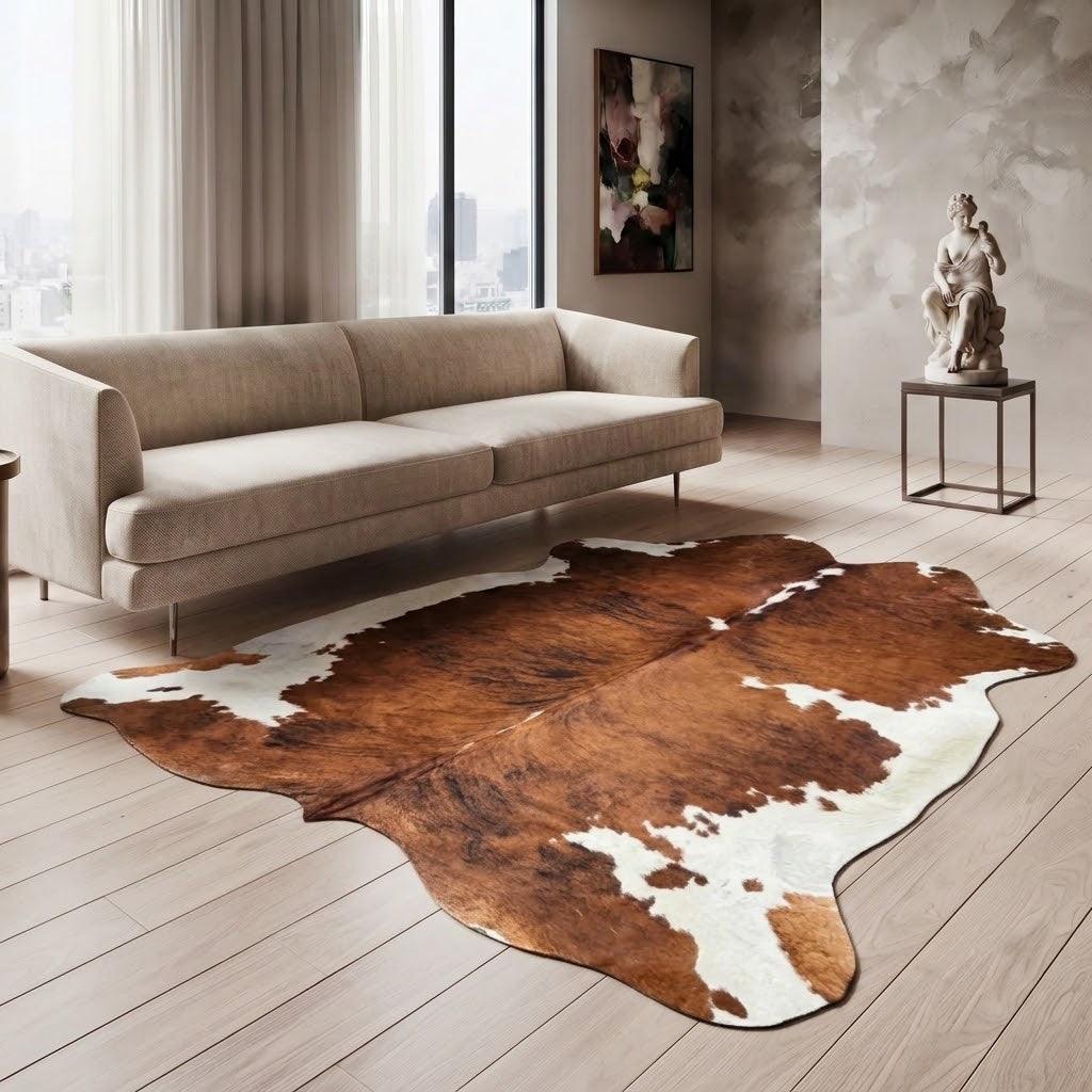 Large premium cowhide rug from Cowhide-Rugs-London, H39 size 220cm x 217cm, natural cowhide with unique pattern and texture.