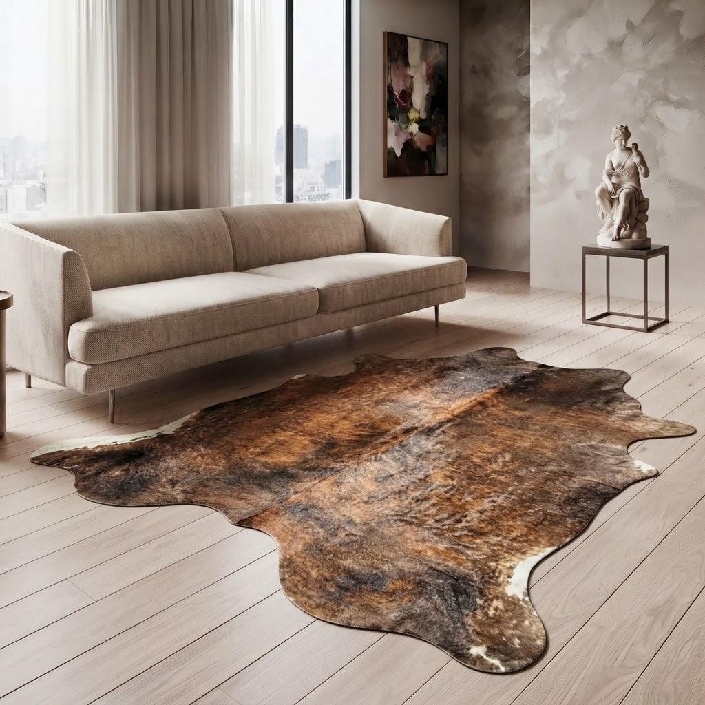 Large premium cowhide rug from Cowhide Rugs London with natural brown and white patches, measuring 248cm by 220cm.