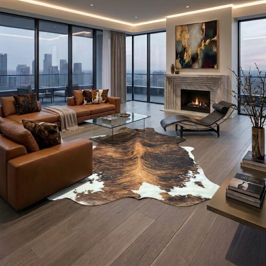 Large premium cowhide rug by Cowhide Rugs London, 255cm x 213cm, natural cowhide with distinctive markings and soft texture.
