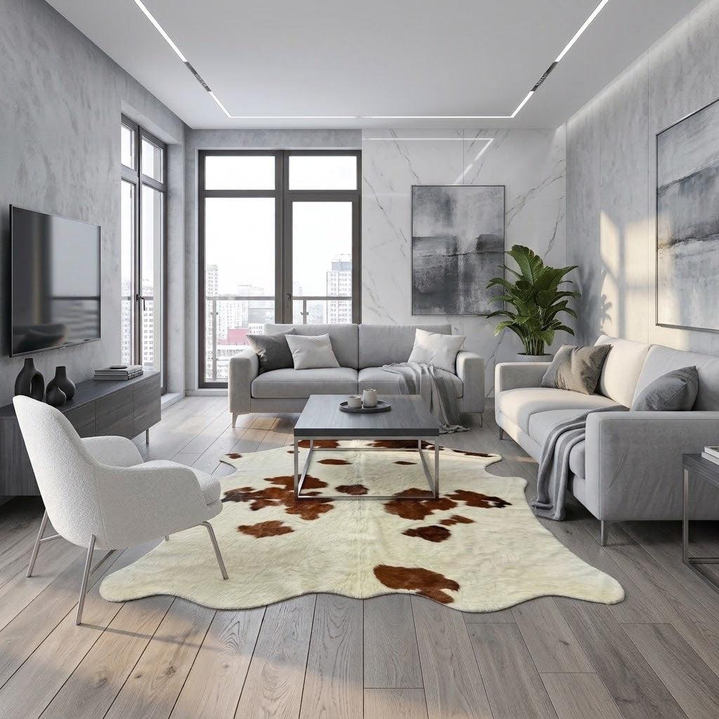 Brown and white cowhide rug from Cowhide Rugs London, 161cm x 147cm, natural leather texture and unique pattern.