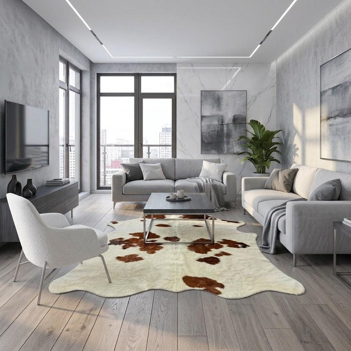 Brown and white cowhide rug from Cowhide Rugs London, 161cm x 147cm, natural leather texture and unique pattern.