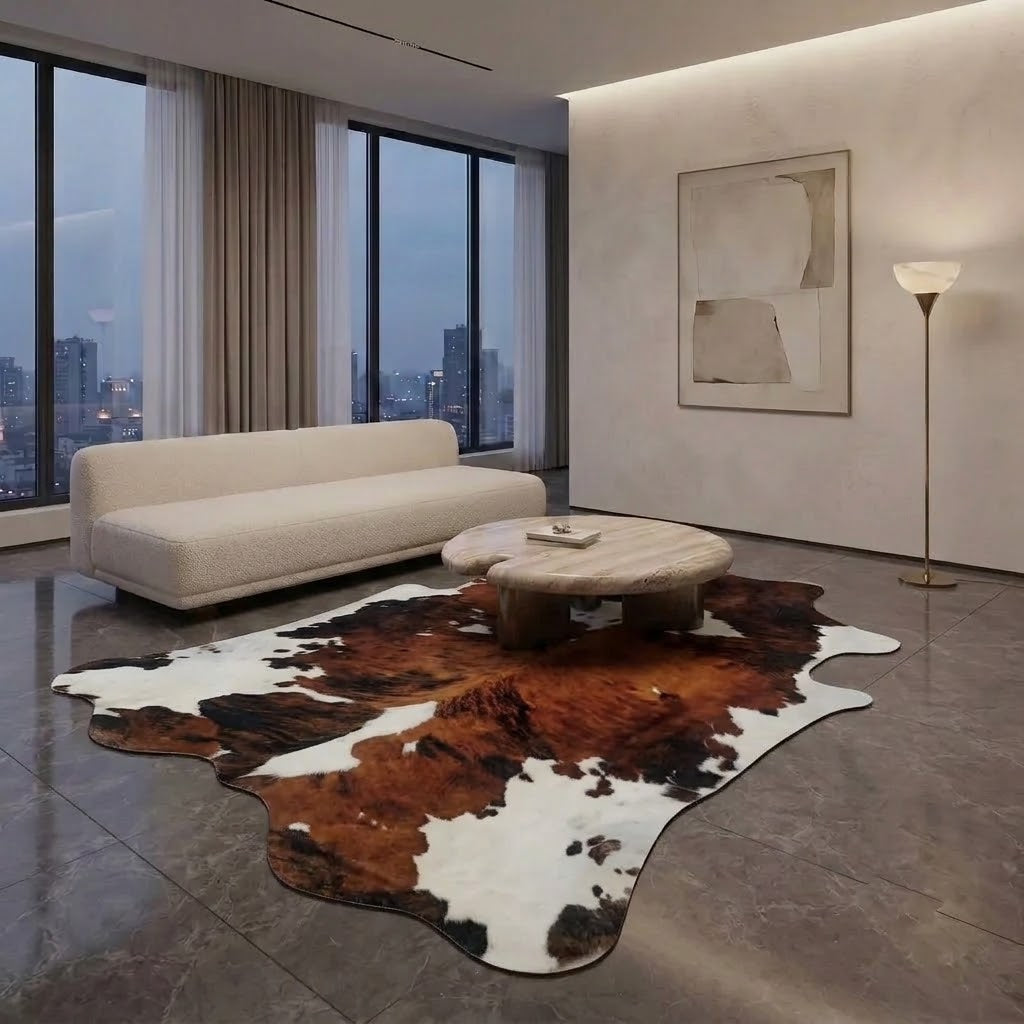 A modern living room featuring a large, organic-shaped cowhide area rug in brown, black, and white on a dark gray marble floor. The room is styled with a cream-colored textured sofa, a round wooden coffee table, a minimalist abstract wall art piece, and a tall floor lamp.