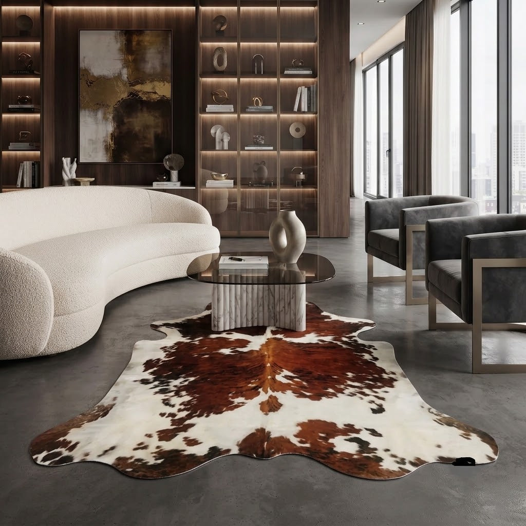 A large cowhide rug with natural brown and white patches is styled in a modern living room setting on a dark concrete floor, surrounded by a curved cream boucle sofa, dark gray armchairs, and a glass-top coffee table.