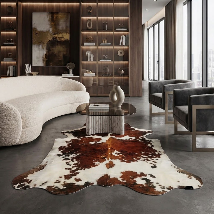 A large cowhide rug with natural brown and white patches is styled in a modern living room setting on a dark concrete floor, surrounded by a curved cream boucle sofa, dark gray armchairs, and a glass-top coffee table.