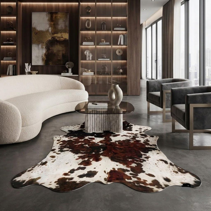 Large premium cowhide rug from Cowhide Rugs London, natural cowhide pattern, measuring 239cm by 210cm, luxurious and durable.