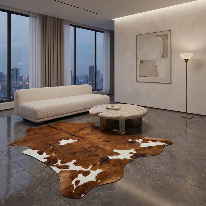 A large brown and white cowhide area rug is styled in a modern living room with a cream sofa, marble coffee table, and gray stone floors.
