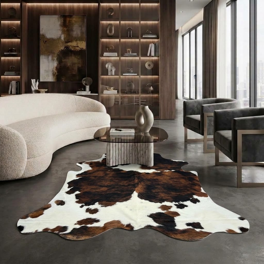 Enhance your interior with this striking tricolour cowhide rug, featuring deep espresso brown, rich cognac accents, and a crisp ivory-white border. Its dramatic, high-contrast pattern and generous extra-large size create a captivating focal point that grounds contemporary furniture and sleek architectural spaces. Naturally hard-wearing with a silky sheen, this exquisite statement hide brings effortlessly sophisticated texture and organic luxury to any modern living area.
