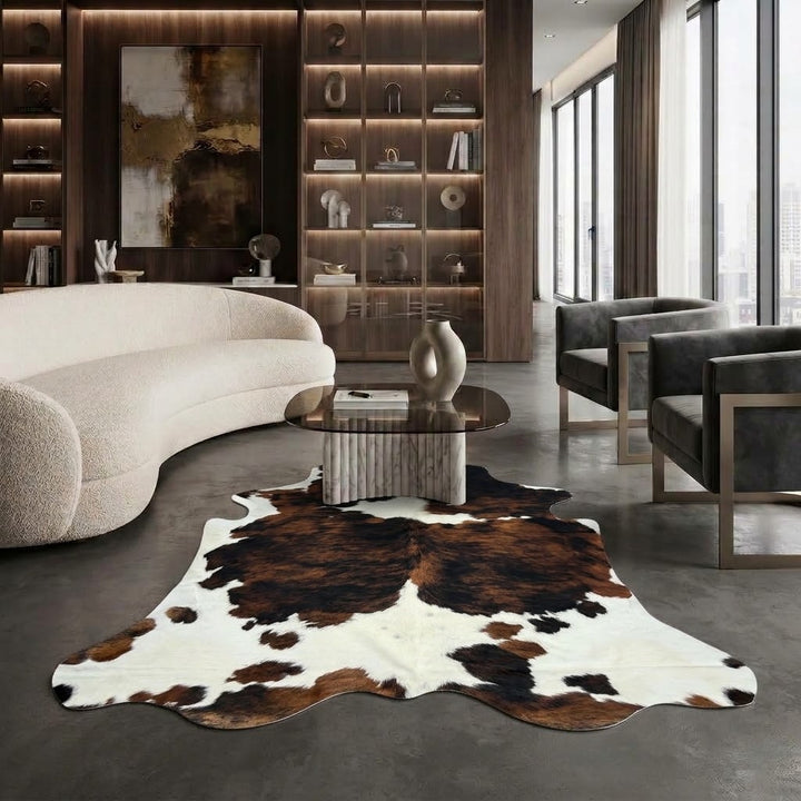 Enhance your interior with this striking tricolour cowhide rug, featuring deep espresso brown, rich cognac accents, and a crisp ivory-white border. Its dramatic, high-contrast pattern and generous extra-large size create a captivating focal point that grounds contemporary furniture and sleek architectural spaces. Naturally hard-wearing with a silky sheen, this exquisite statement hide brings effortlessly sophisticated texture and organic luxury to any modern living area.