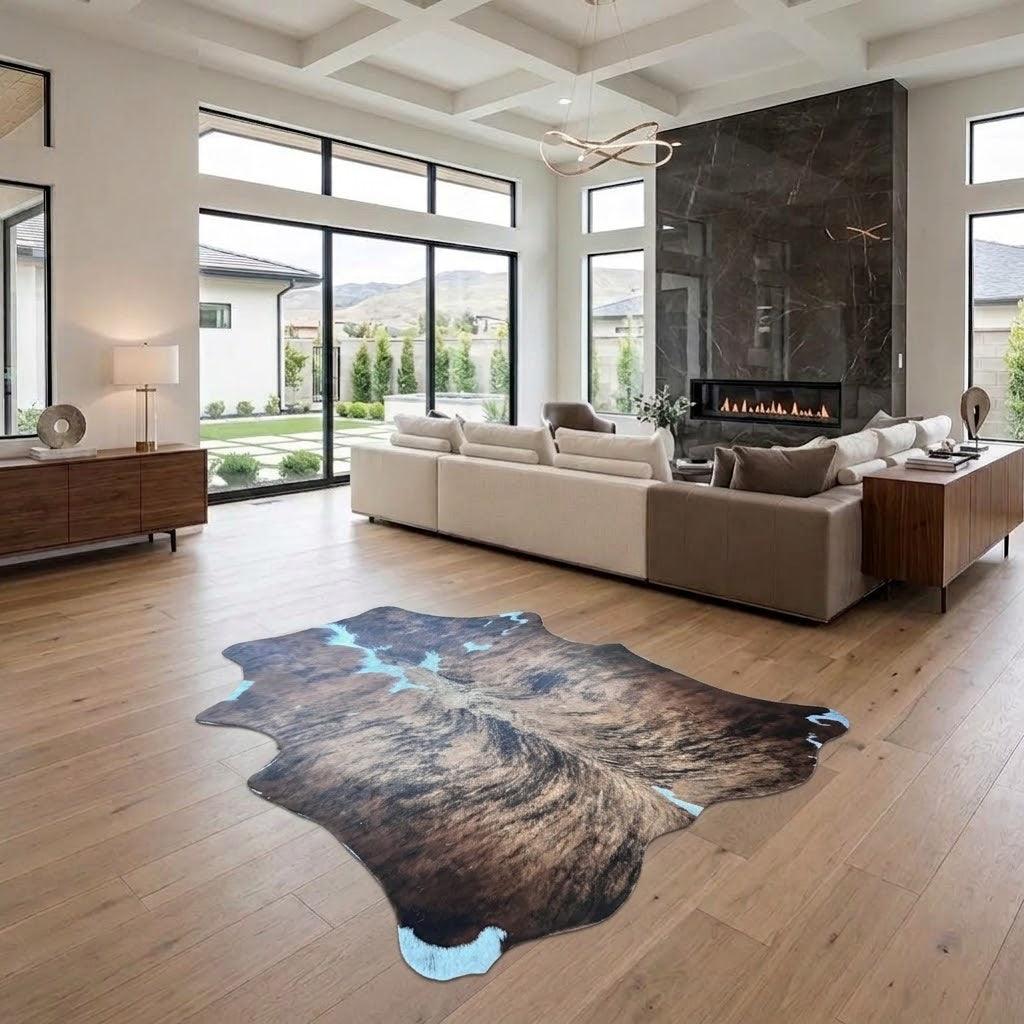 Large cowhide rug from Cowhide Rugs London, natural brown and white hide with unique pattern, measuring 1.58m x 1.40m.