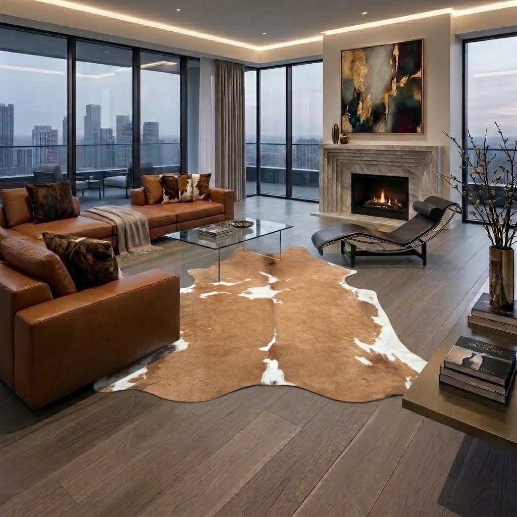 Large premium cowhide rug from Cowhide Rugs London, 255cm x 230cm, natural cowhide with distinctive markings and soft texture.