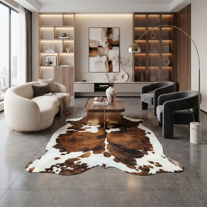 A modern living room featuring a large brown and white cowhide area rug on a gray tiled floor, styled with a cream curved sofa, dark gray armchairs, a wooden coffee table, and built-in shelving with warm lighting.