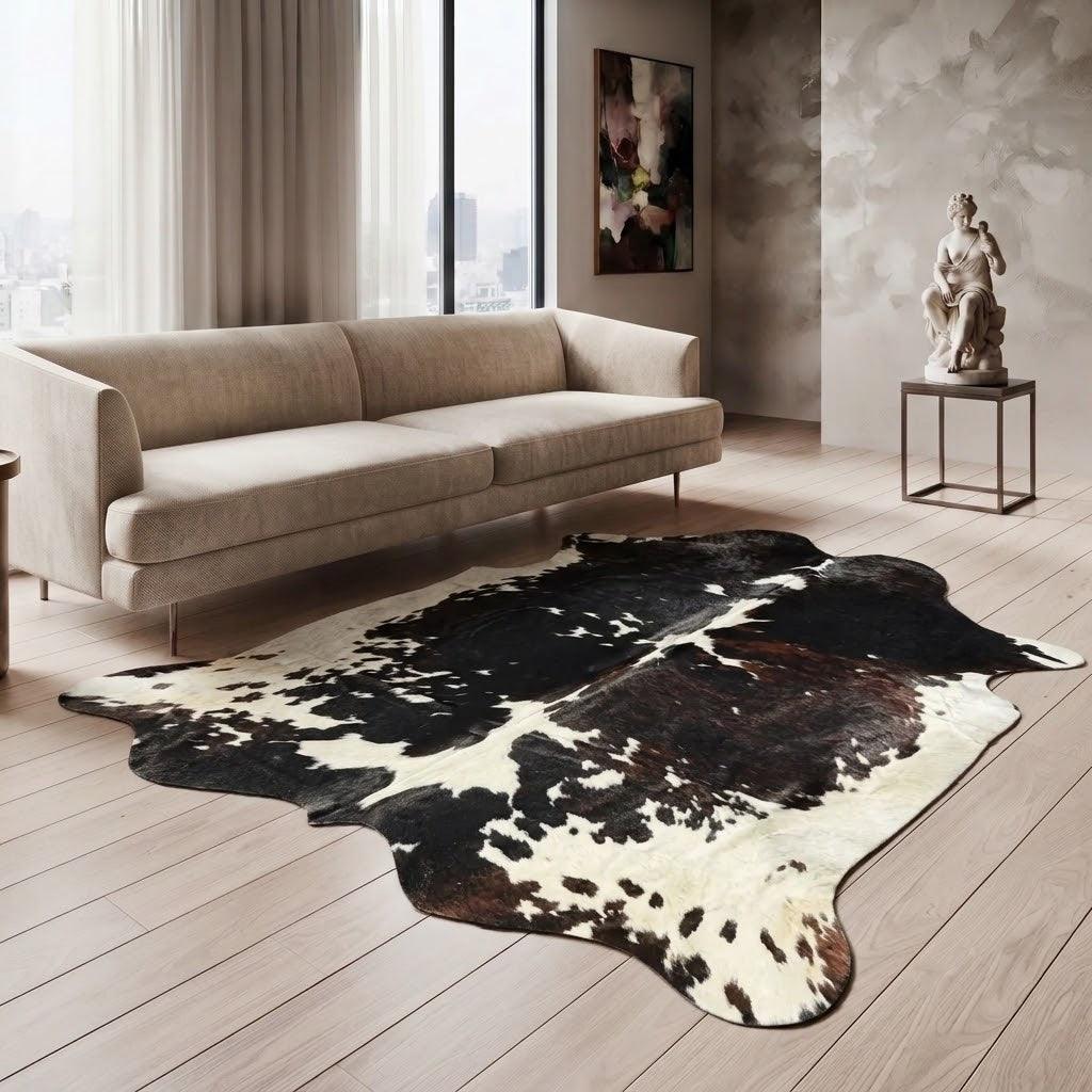 Large premium cowhide rug in natural H19 pattern from Cowhide Rugs London, measuring 240cm by 205cm.