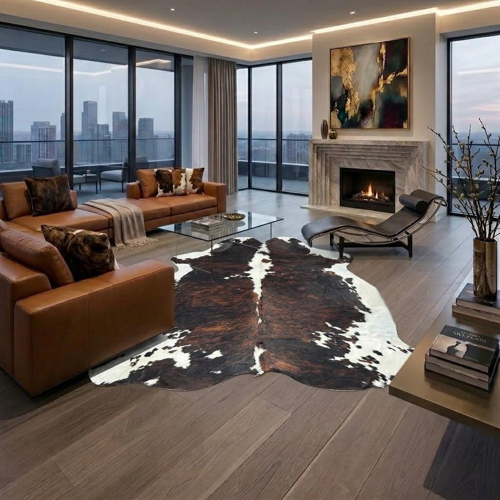 Large premium cowhide rug from Cowhide Rugs London, 235cm x 200cm, featuring natural cowhide patterns and textures.