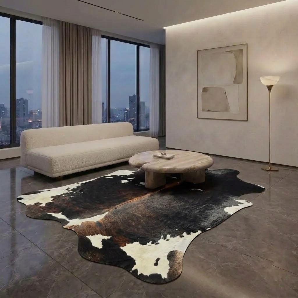 Large premium cowhide rug by Cowhide Rugs London, H22 model, 240cm x 215cm, featuring natural cowhide pattern and texture.