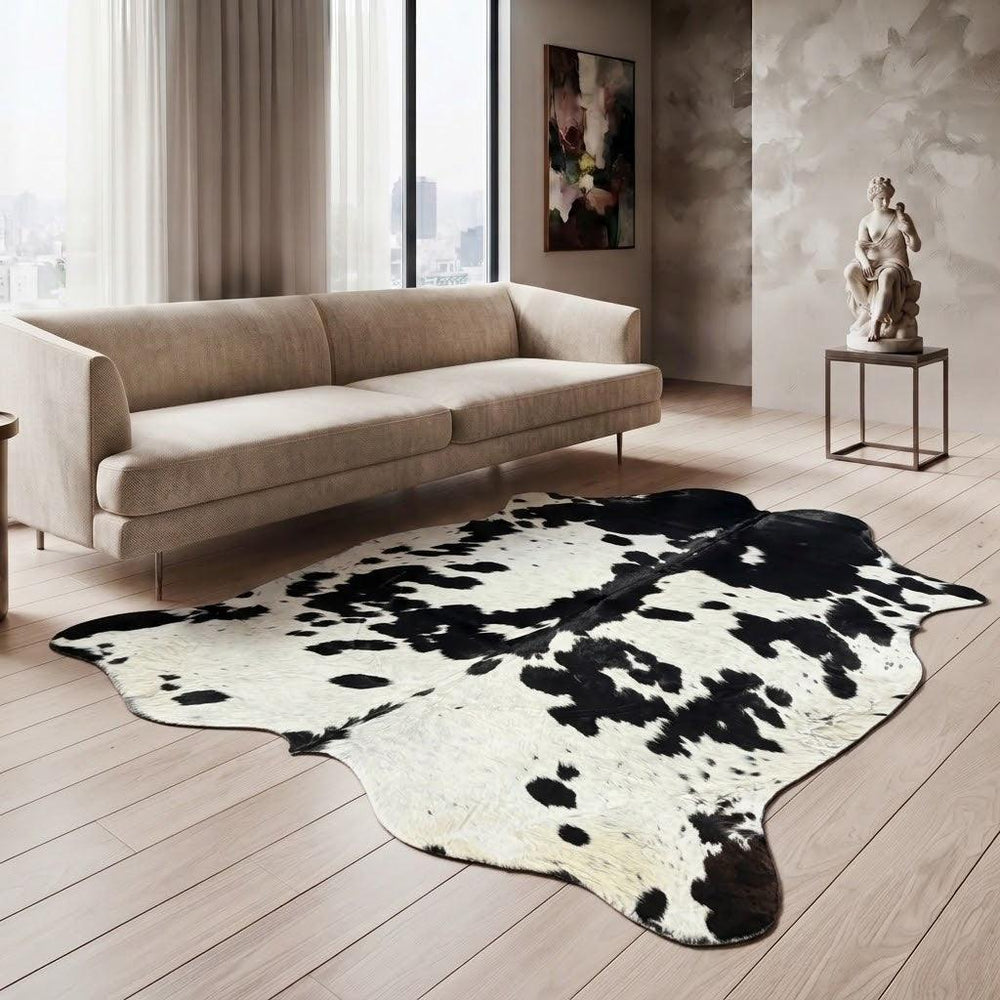 Large premium cowhide rug from Cowhide Rugs London, measuring 245cm by 220cm with natural cowhide pattern.