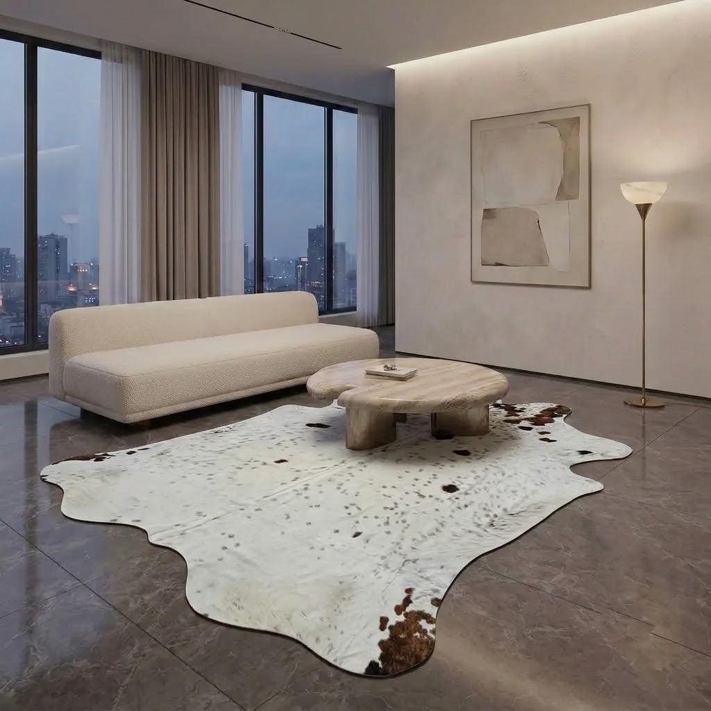 Large premium cowhide rug from Cowhide Rugs London, measuring 240cm by 210cm, natural tan and white cowhide pattern.