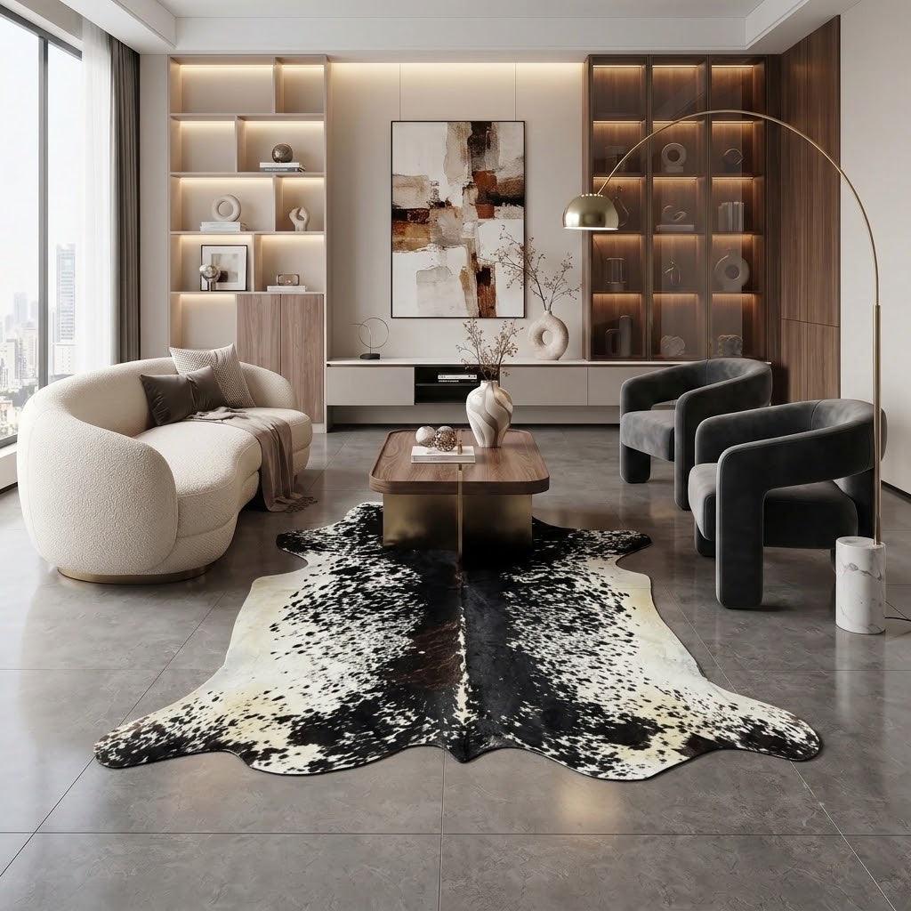 Large premium cowhide rug from Cowhide Rugs London, 240cm x 200cm, featuring natural cowhide pattern and soft texture.