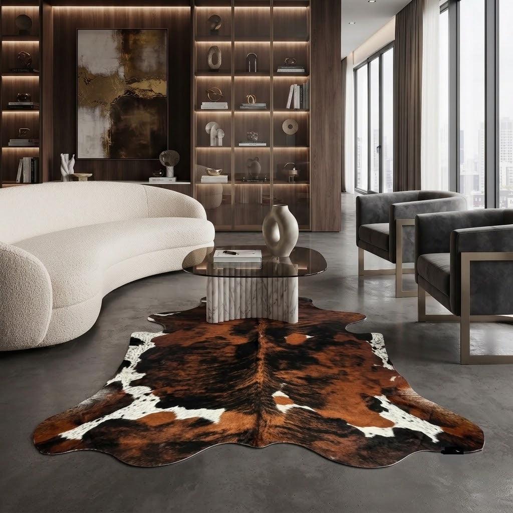 Large premium cowhide rug from Cowhide Rugs London, measuring 240cm by 200cm, natural cowhide with unique markings.
