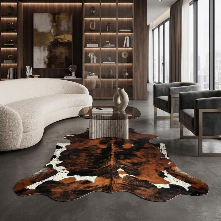 Large premium cowhide rug from Cowhide Rugs London, measuring 240cm by 200cm, natural cowhide with unique markings.