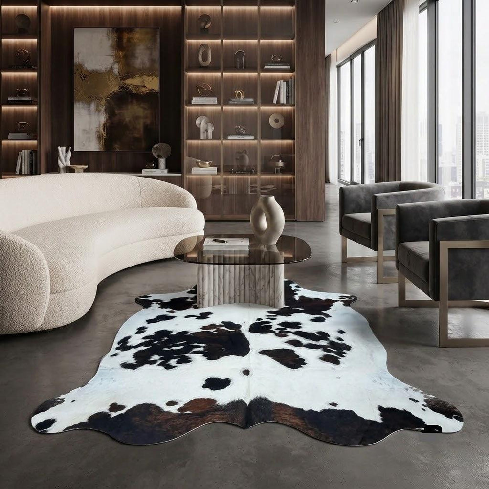 Large premium cowhide rug from Cowhide Rugs London, H54, measuring 240cm by 205cm, natural cowhide pattern and texture.