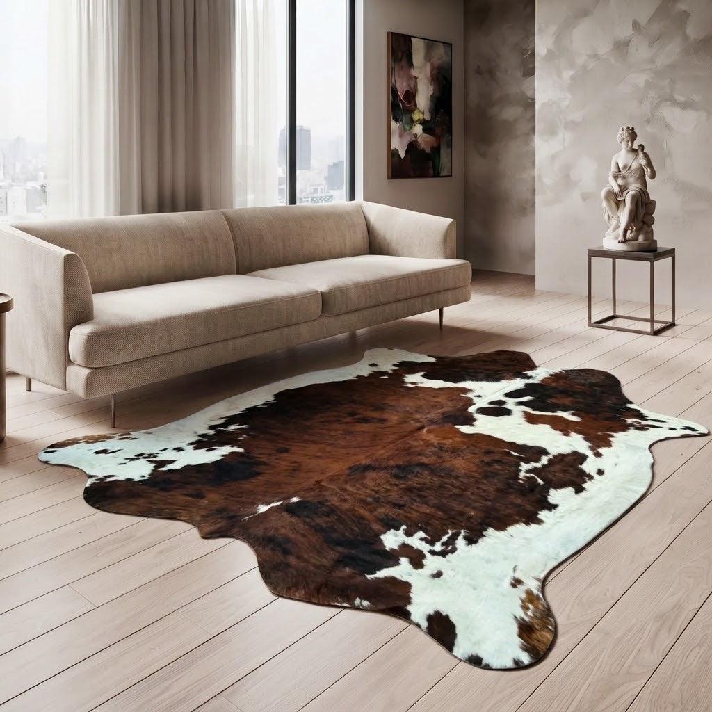 Large premium cowhide rug from Cowhide Rugs London, natural cowhide with a unique pattern and soft texture, measuring 230cm by 220cm.