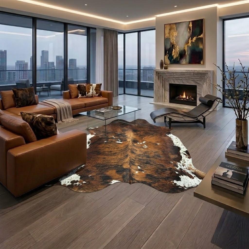 Large premium cowhide rug from Cowhide Rugs London, natural cowhide with unique markings, measuring 245cm by 210cm.