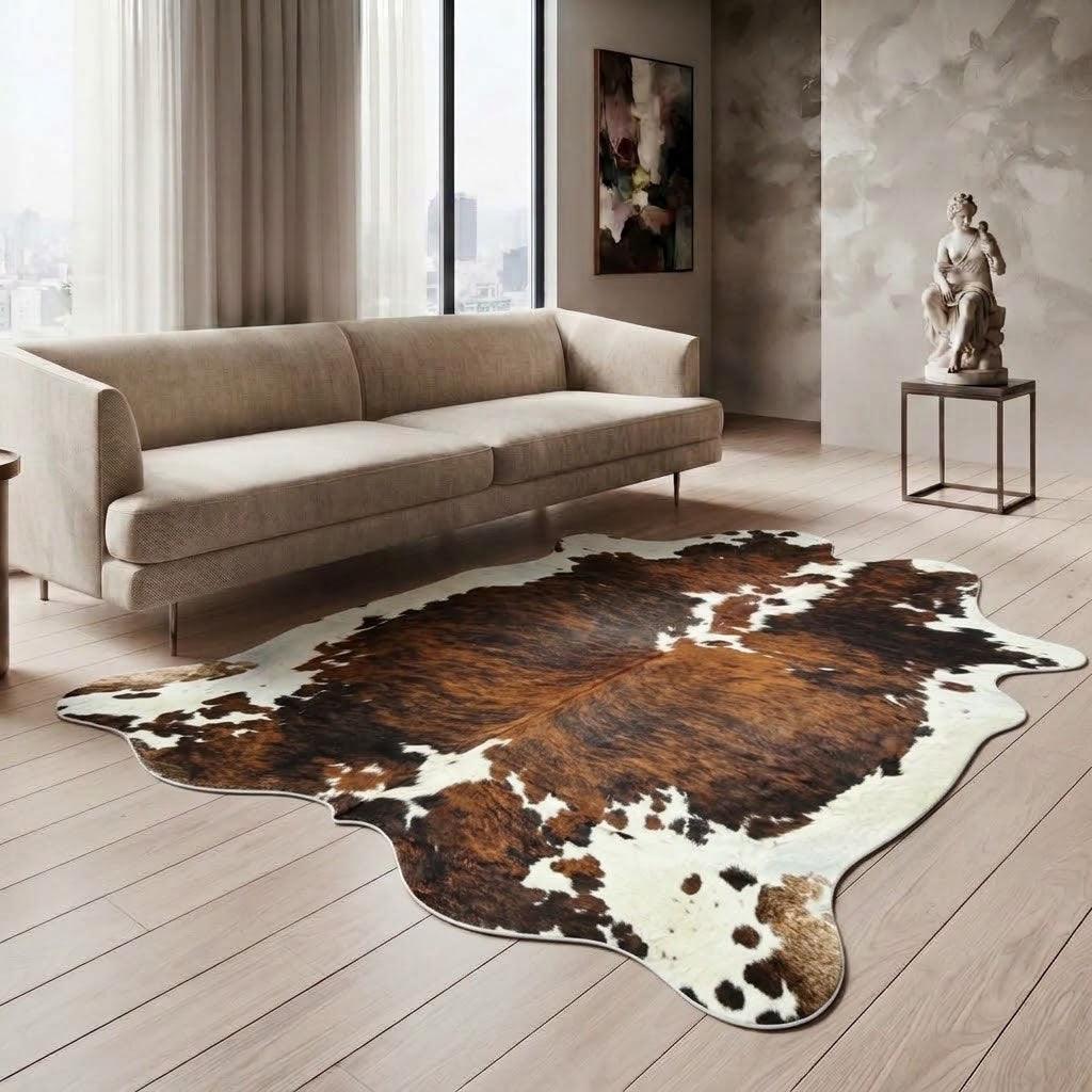 Large premium cowhide rug by Cowhide Rugs London, natural cowhide with black and white patches, measuring 230cm by 220cm.