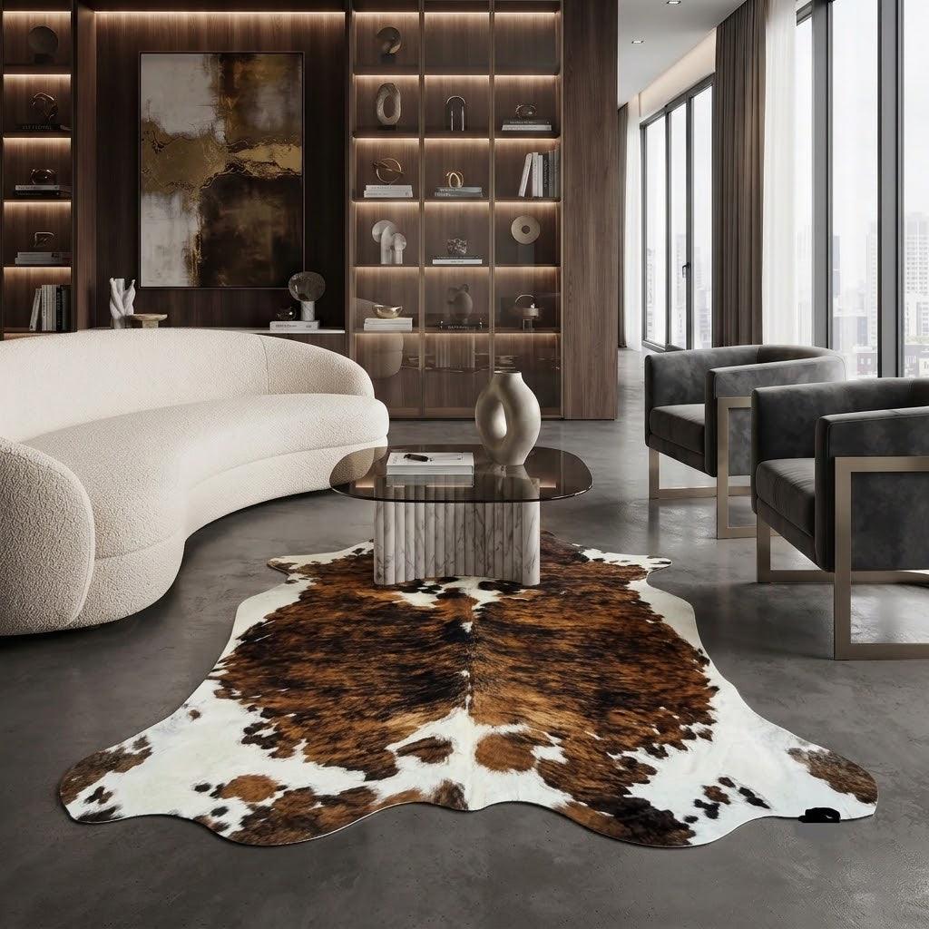 Large premium cowhide rug by Cowhide Rugs London, measuring 250cm x 215cm, with natural cowhide pattern and soft texture.
