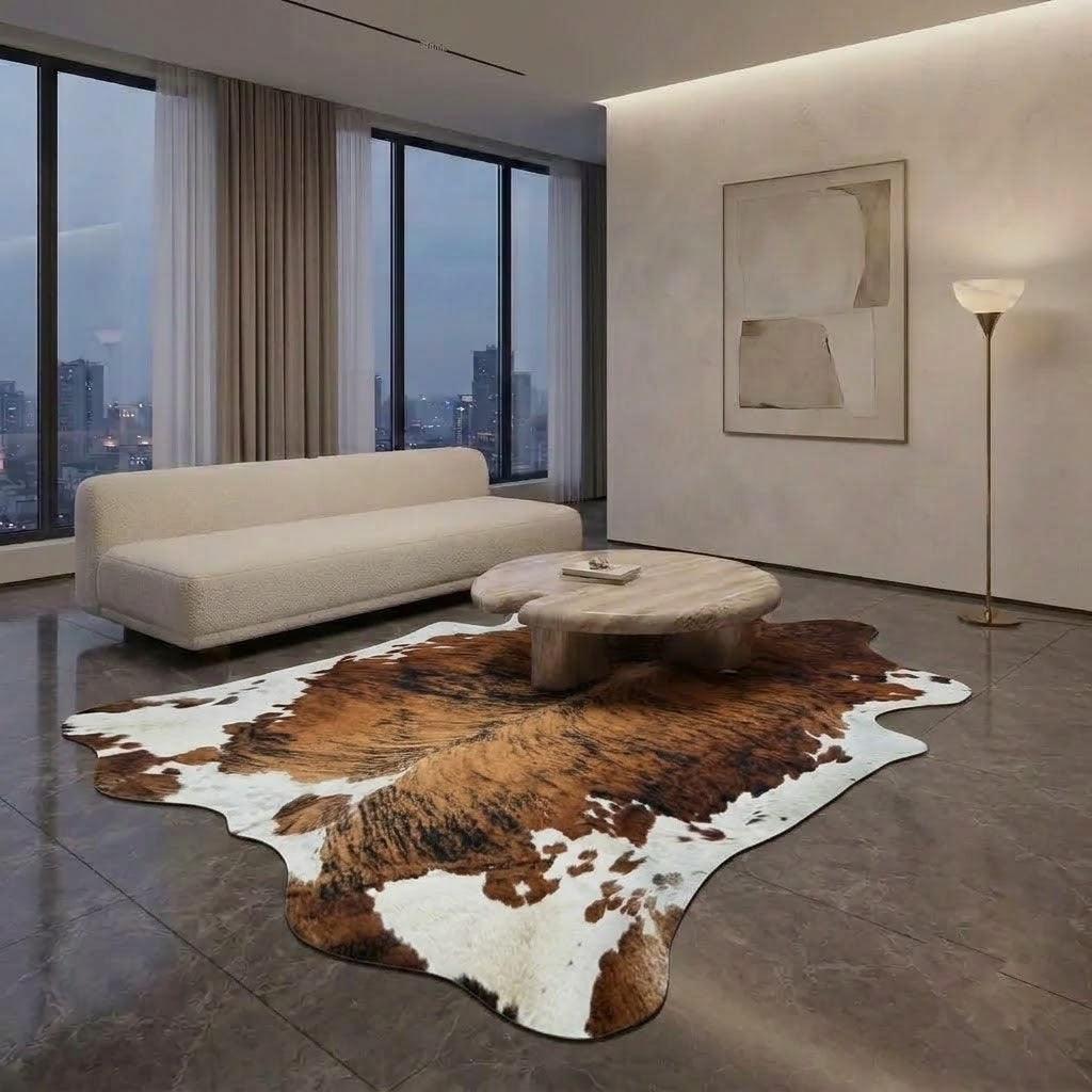 Large premium cowhide rug from Cowhide Rugs London, 240cm x 210cm, featuring natural cowhide patterns and rich texture.