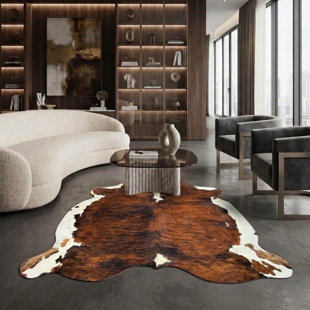 Large premium cowhide rug by Cowhide Rugs London, H64, measuring 235cm by 215cm, with natural cowhide pattern and texture