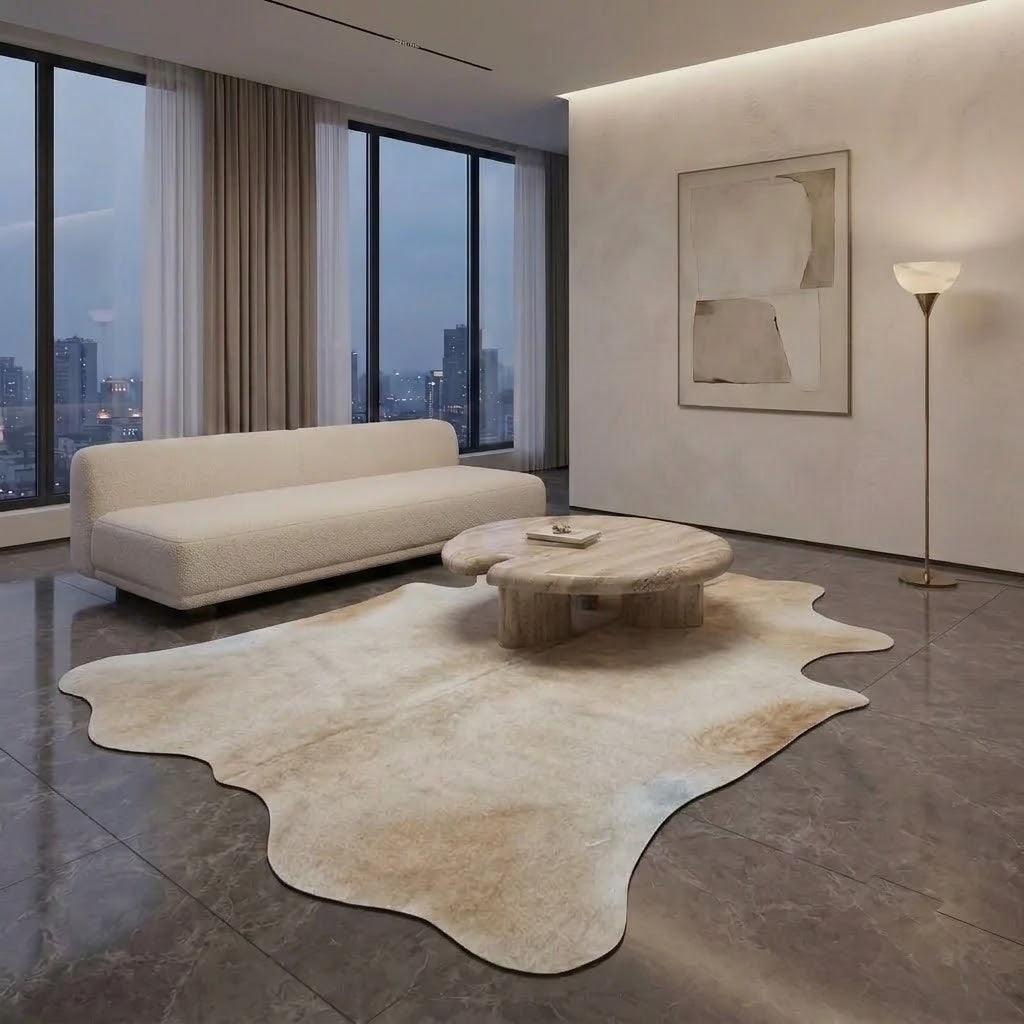 Large premium cowhide rug by Cowhide Rugs London, measuring 230cm x 210cm, with natural cowhide pattern and soft texture.
