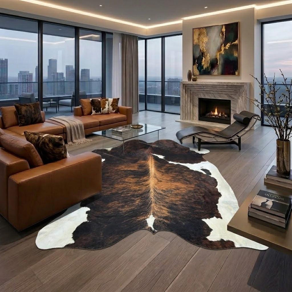 Large premium cowhide rug by Cowhide Rugs London, natural cowhide with unique pattern, measuring 245cm by 210cm.